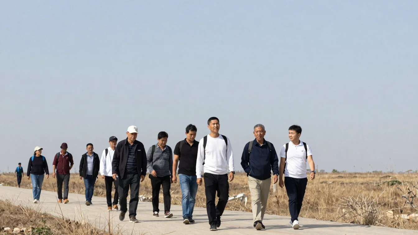 Natural daylight candid photograph of a small group of travelers walking along a path with a guide at a distance, human-