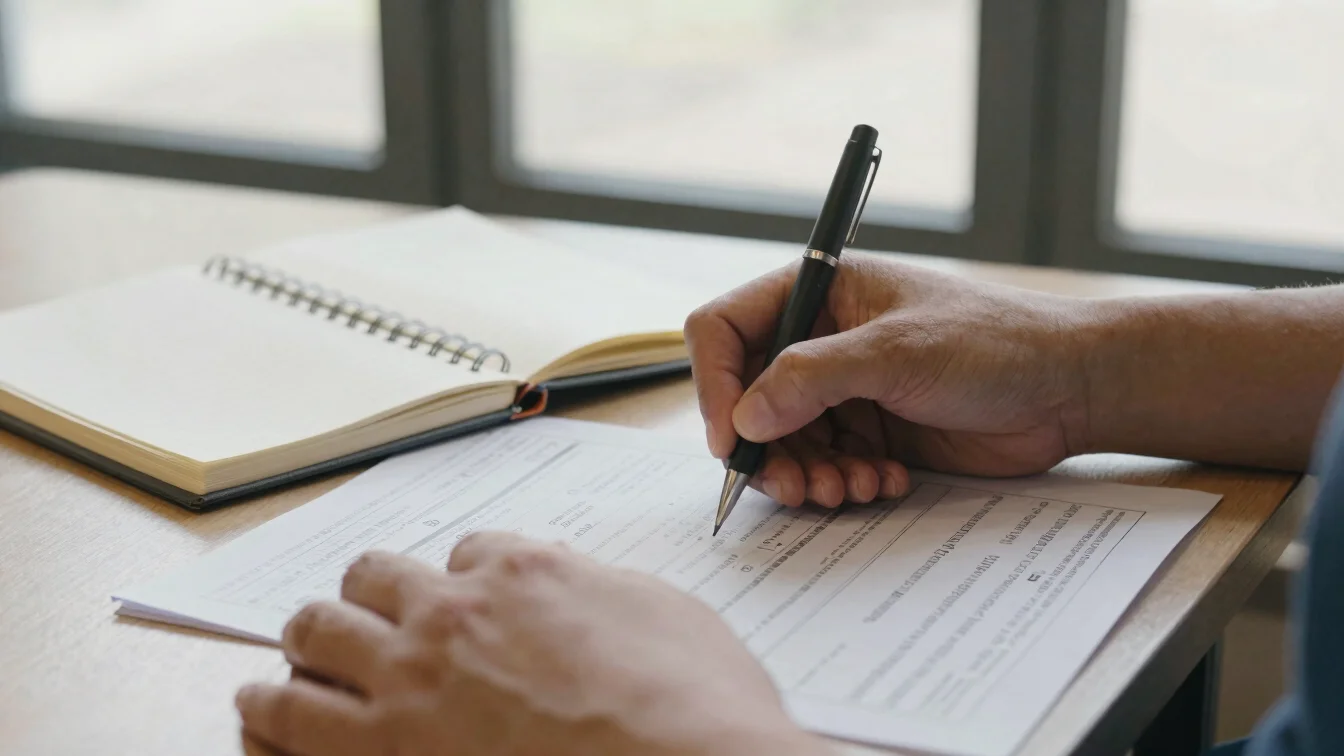 Close detail photograph of hands marking a paper itinerary on a table beside a notebook and pen, soft window daylight