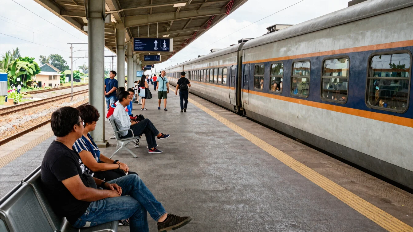 Wide natural-light photograph of a train platform with a few travelers waiting, candid documentary framing