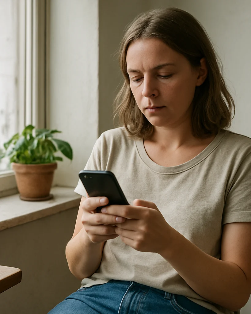 Candid natural daylight photograph of a woman reviewing booking details on a phone while seated near a window, documenta