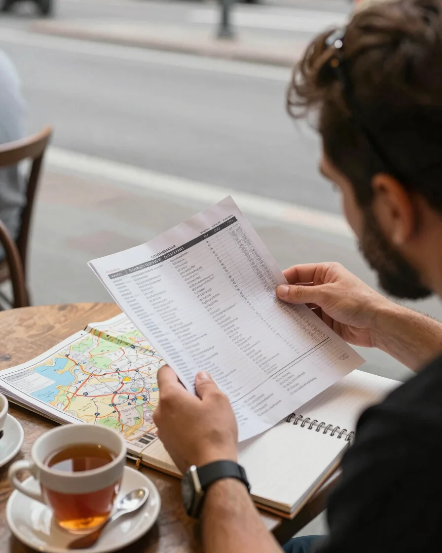 Natural daylight candid documentary photograph of a traveler reviewing a printed itinerary at a quiet café table, a fold
