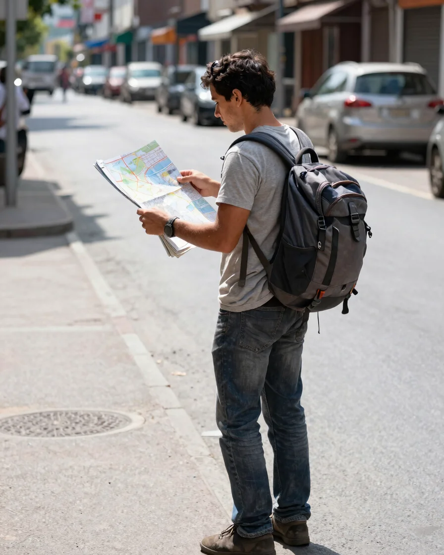 Natural daylight documentary photograph of a traveler with a folded map and a small backpack on a quiet street at mid-mo
